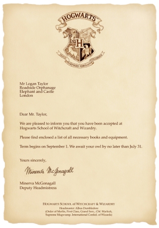 carta de aceptación de Hogwarts